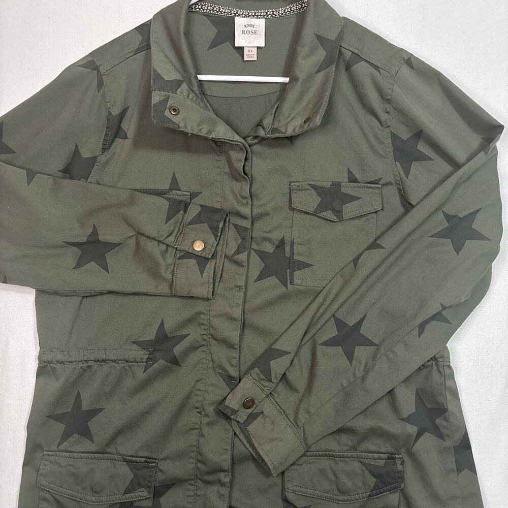 Knox Rose Women’s Lightweight Jacket Olive Green Star Print Button Front ~XL